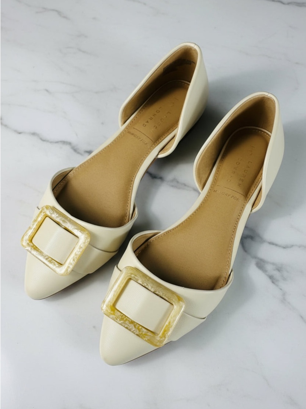 LC Lauren Conrad Ivory Pointed D'Orsay Flats with Marbled Buckle